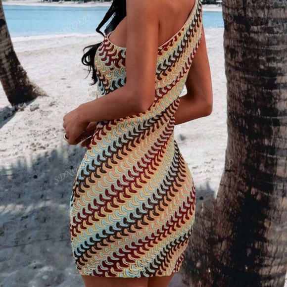 Bohemian Patchwork Color-Blocking Jacquard Mini Halter Sundress, - Picture 4 of 4